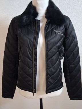 Harley-Davidson Women's Black Quilted Embroidery Jacket with Faux Fur Collar (M)